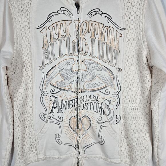 Affliction Hoodie Women Large White Graphic Lace Panel Full Zip American Custom - Picture 2 of 11